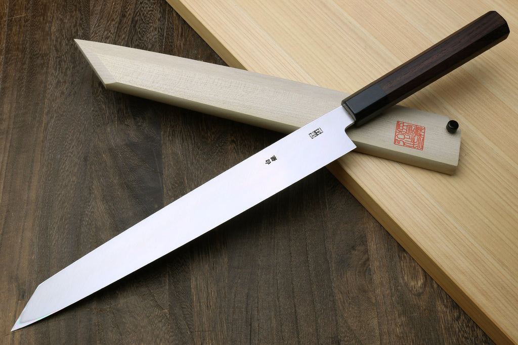 Yanagi-kiritsuke sushi knife with silver stainless steel blade and dark rosewood handle