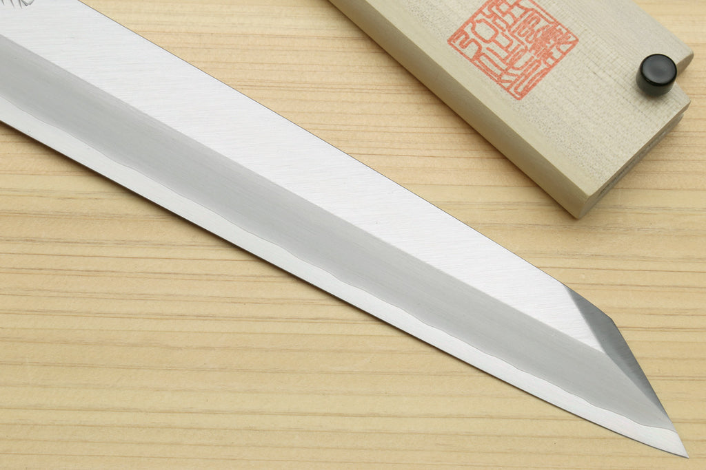 Long pointed sushi knife with silver blade edge and dark rosewood handle