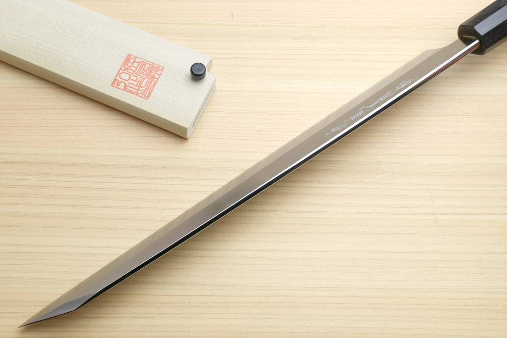 Yanagi-kiritsuke sushi knife with silver blade bevel and dark rosewood handle
