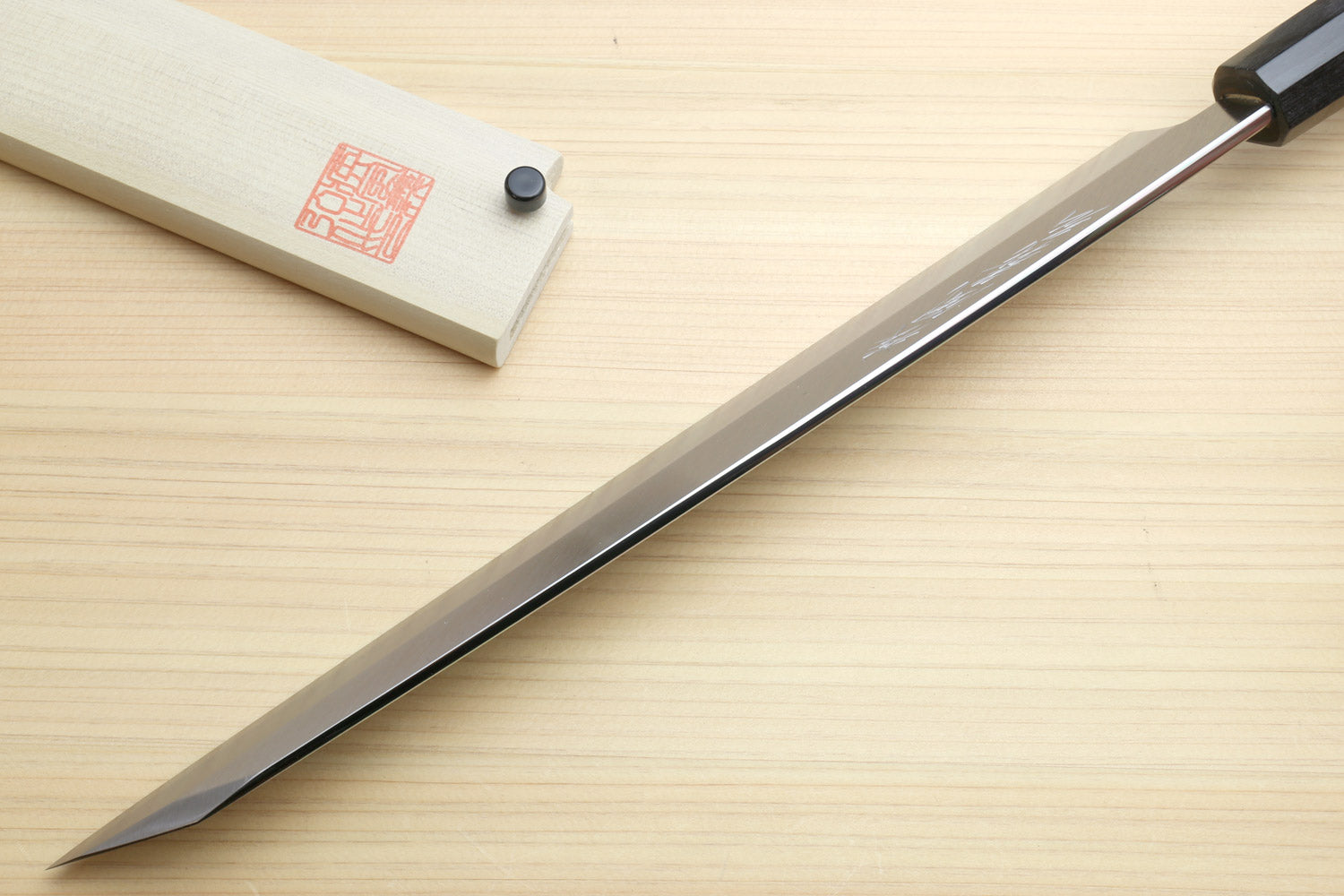 Yanagi-kiritsuke sushi knife with silver blade bevel and dark rosewood handle