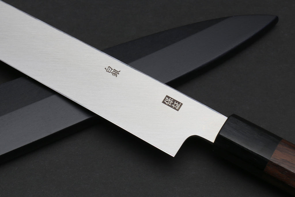Sashimi yanagi knife with etched stainless blade and rosewood handle