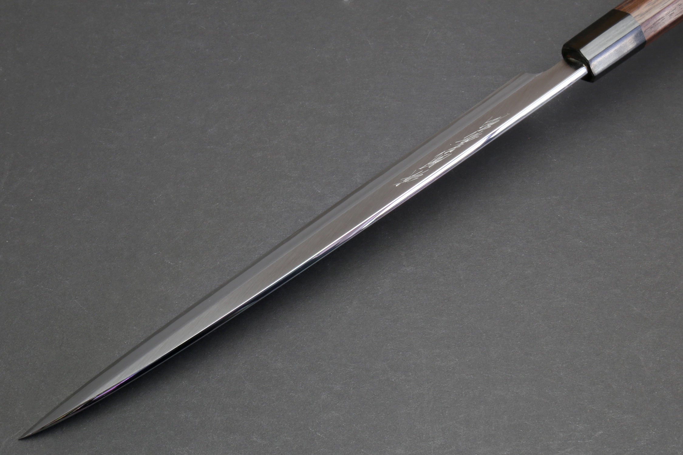 Yanagi sushi knife with rosewood handle and tapered stainless blade tip