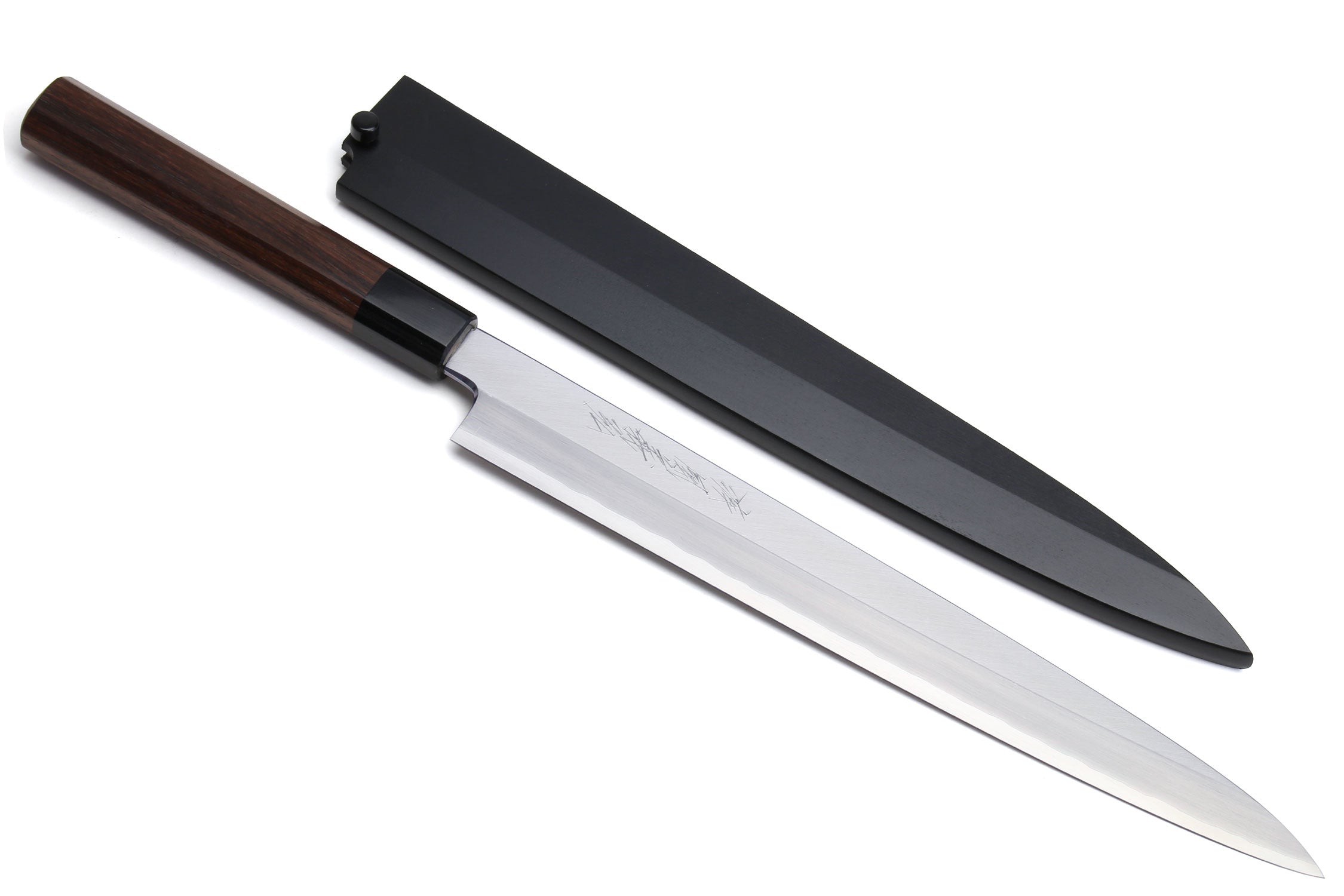 Yanagi sushi knife with stainless blade, rosewood handle, and dark sheath