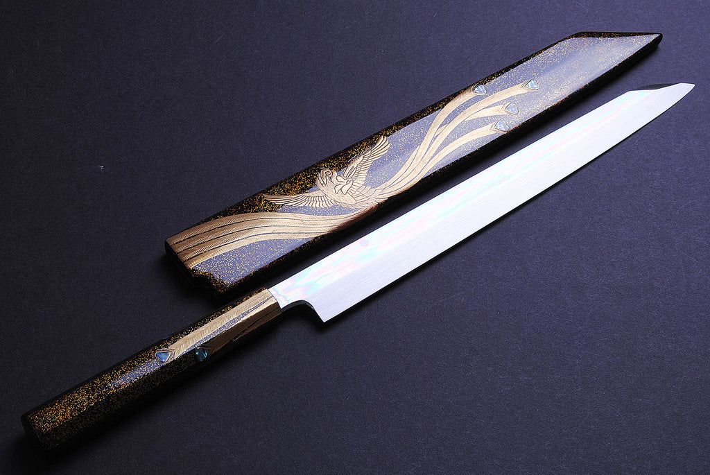 Yanagi kiritsuke knife with gold-and-silver dragon motif and rosewood handle, side view