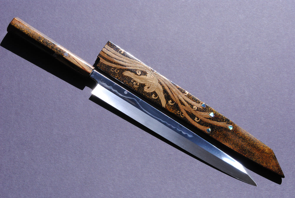 Mirror-finished yanagi kiritsuke knife with gold phoenix engraving and rosewood handle