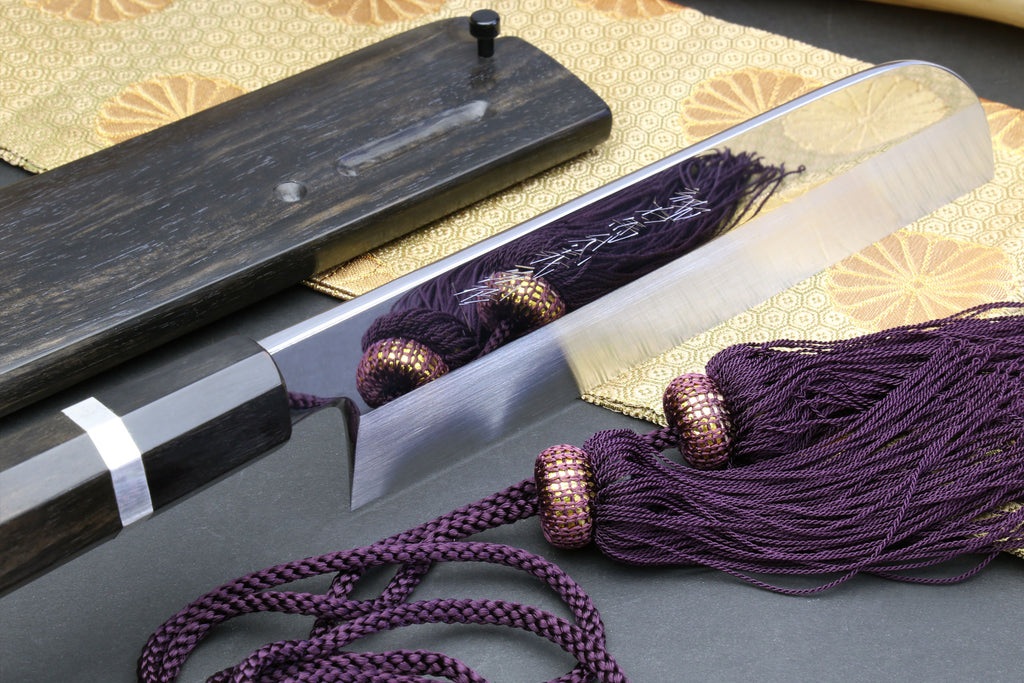 Mirror-finished steel Usuba knife with ebony octagonal handle and silver double bolster