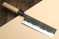 Nakiri vegetable knife with dark steel blade, black bolster, camphor wood handle