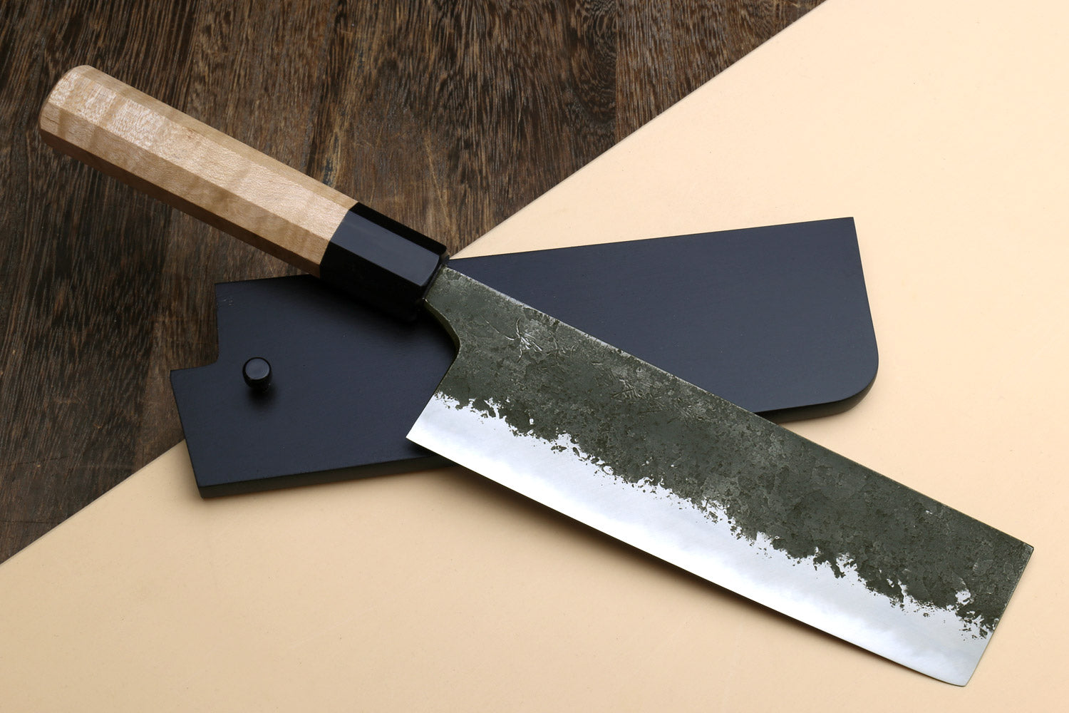 Nakiri knife with saya cover, textured dark blade and camphor wood handle