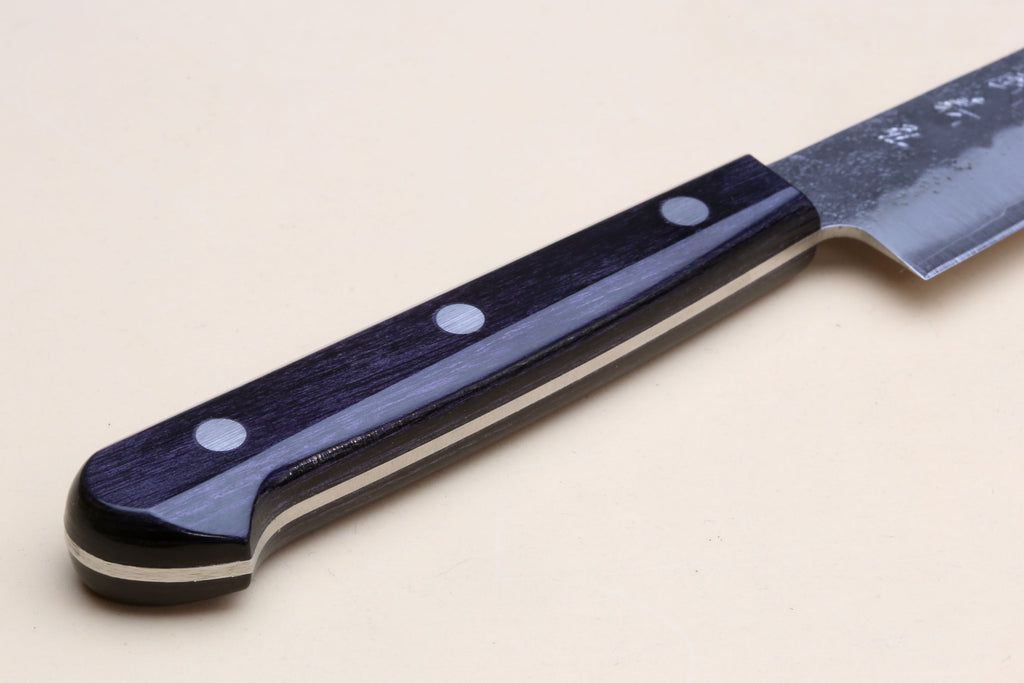 Petty utility knife with dark wooden handle, three rivets, and silver blade