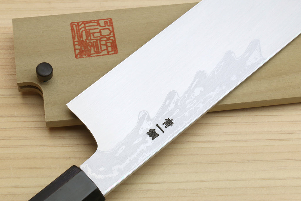 Japanese vegetable prep knife, white damascus blade with engraved marks, ebony handle