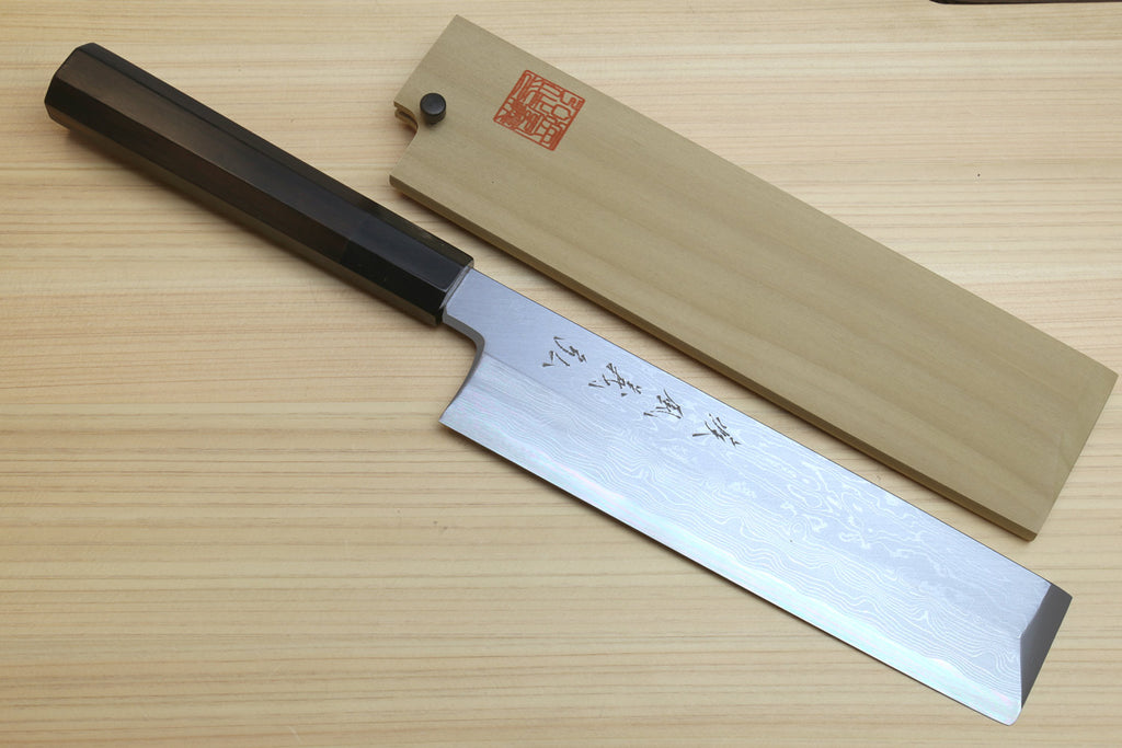 Japanese vegetable prep knife with damascus-style blade and ebony handle