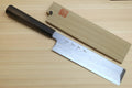 Japanese vegetable prep knife with damascus-style blade and ebony handle