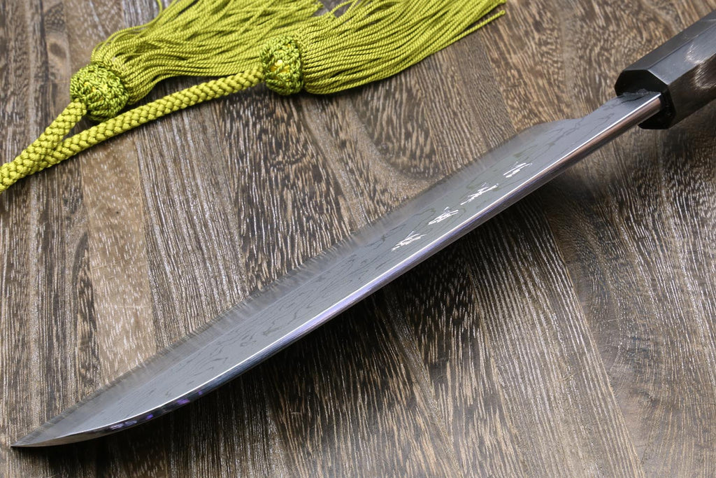 Damascus vegetable knife with green cord and dark handle
