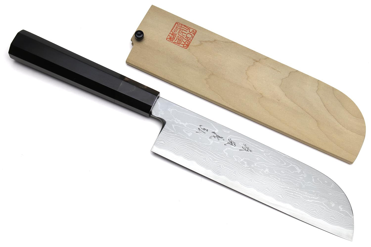 Traditional Japanese vegetable chopping knife with white damascus blade and wooden sheath