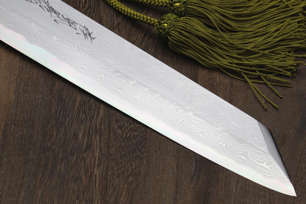 Damascus Kiritsuke knife blade with long pointed edge and etched pattern