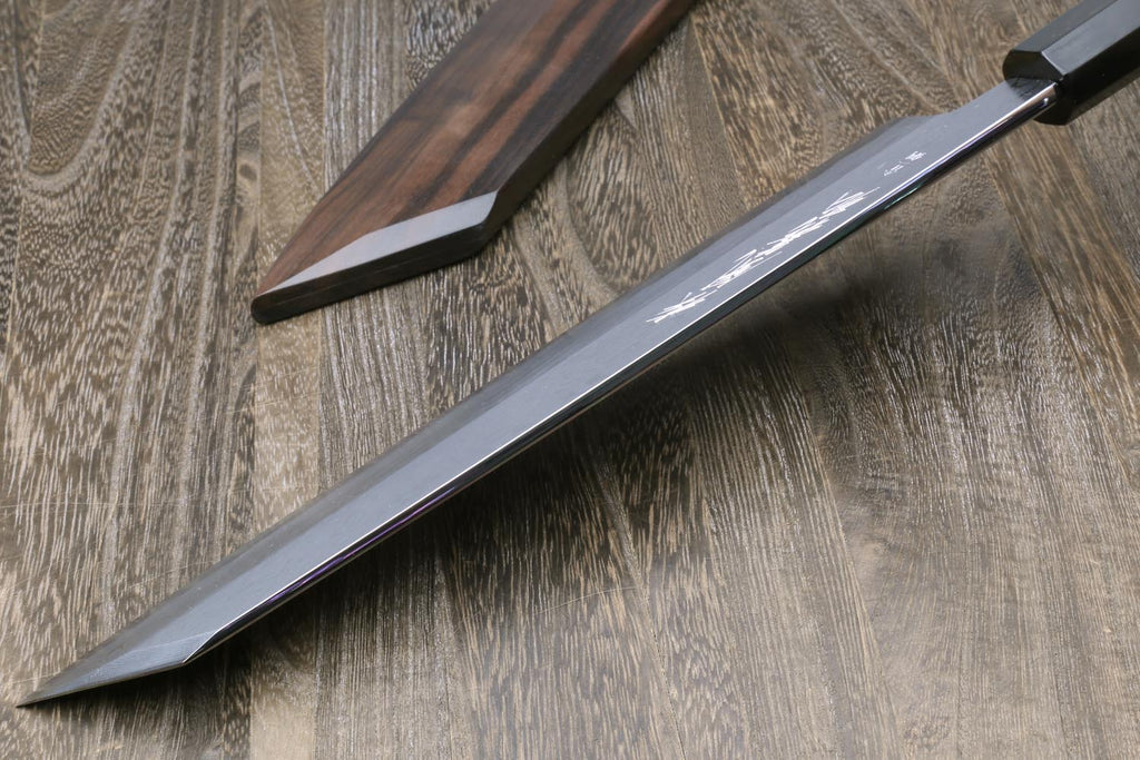 Kiritsuke knife with damascus blade and dark wood saya, ebony handle