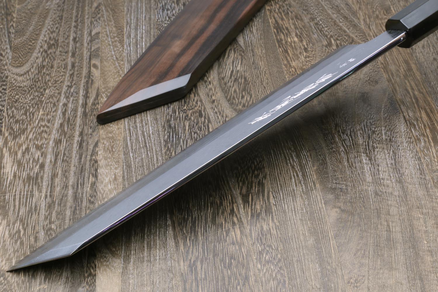 Kiritsuke knife with damascus blade and dark wood saya, ebony handle