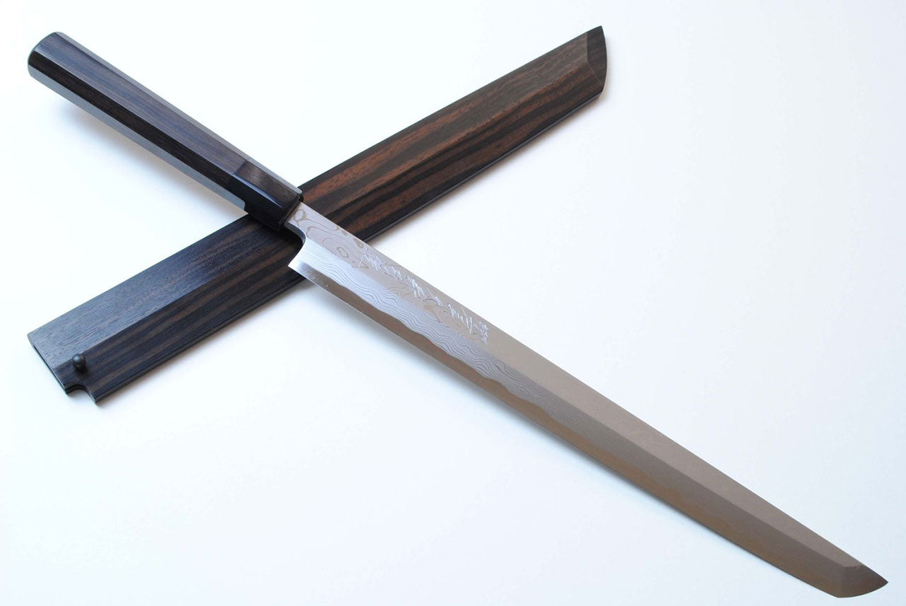 Japanese sushi knife with Damascus blade and dark ebony wood handle, full length view