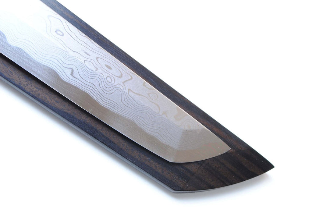 Japanese sushi knife with Damascus blade and dark handle, blade tip and bevel detail