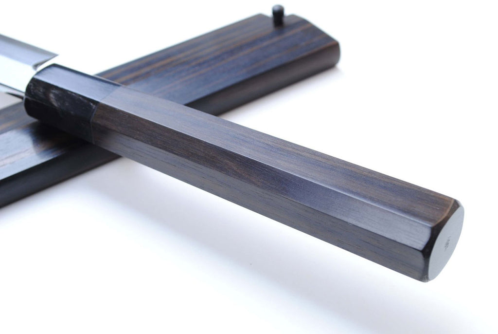 Japanese sushi chef knife with dark striped handle and straight blade profile