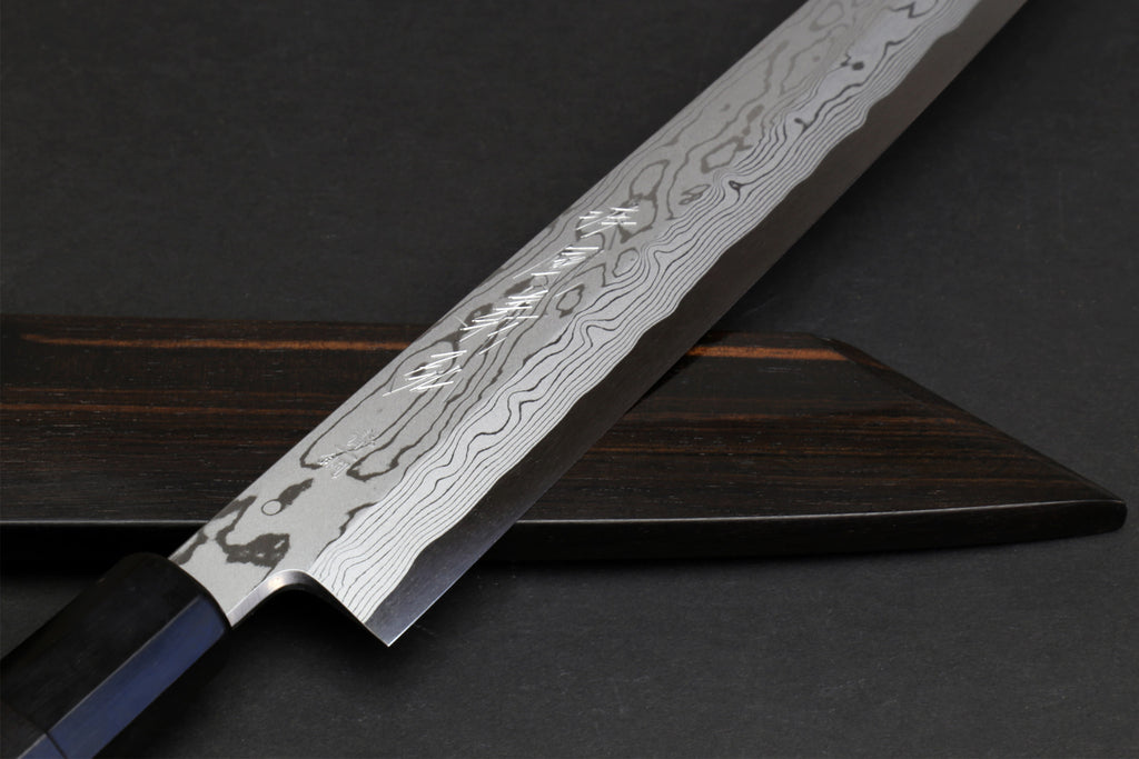 Yanagi kiritsuke sushi knife with Damascus blade and ebony handle