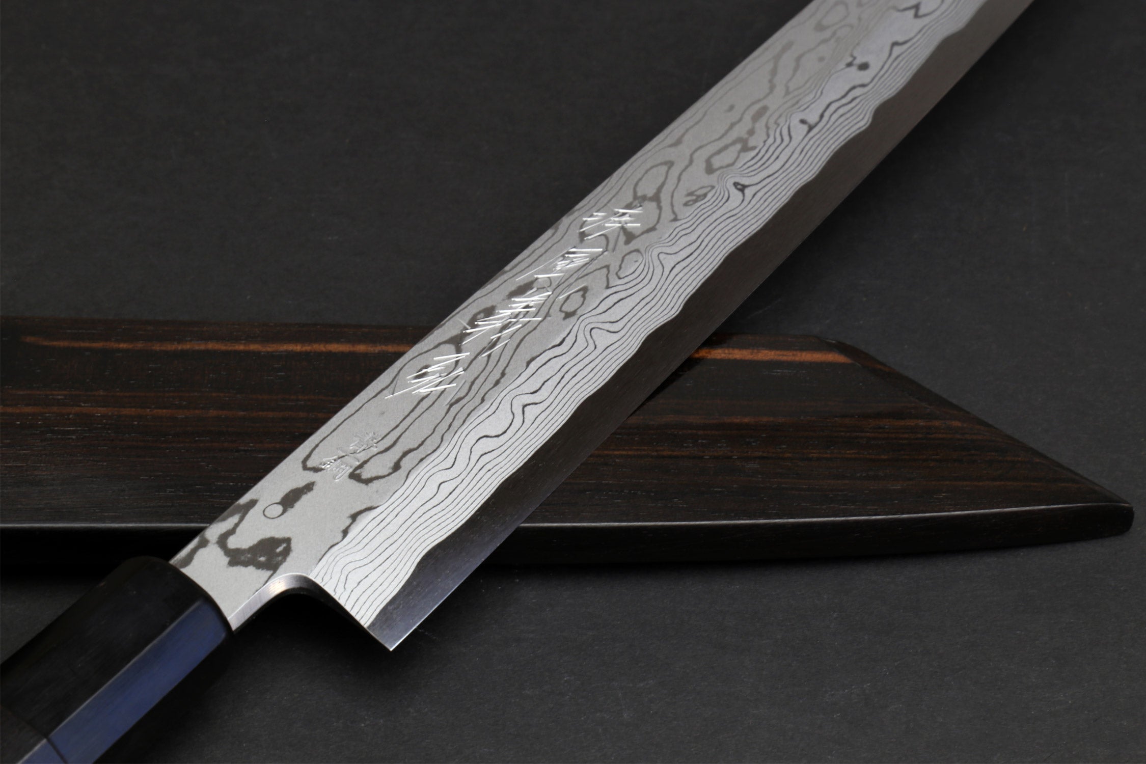 Yanagi kiritsuke sushi knife with Damascus blade and ebony handle