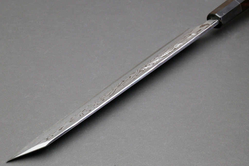 Japanese yanagi sushi knife, long pointed blade with damascus pattern