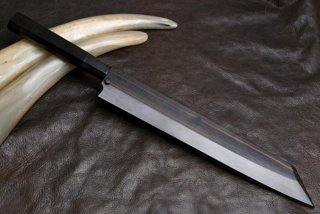 Japanese knife with ebony handle and straight blade, with black saya and ivory tusks