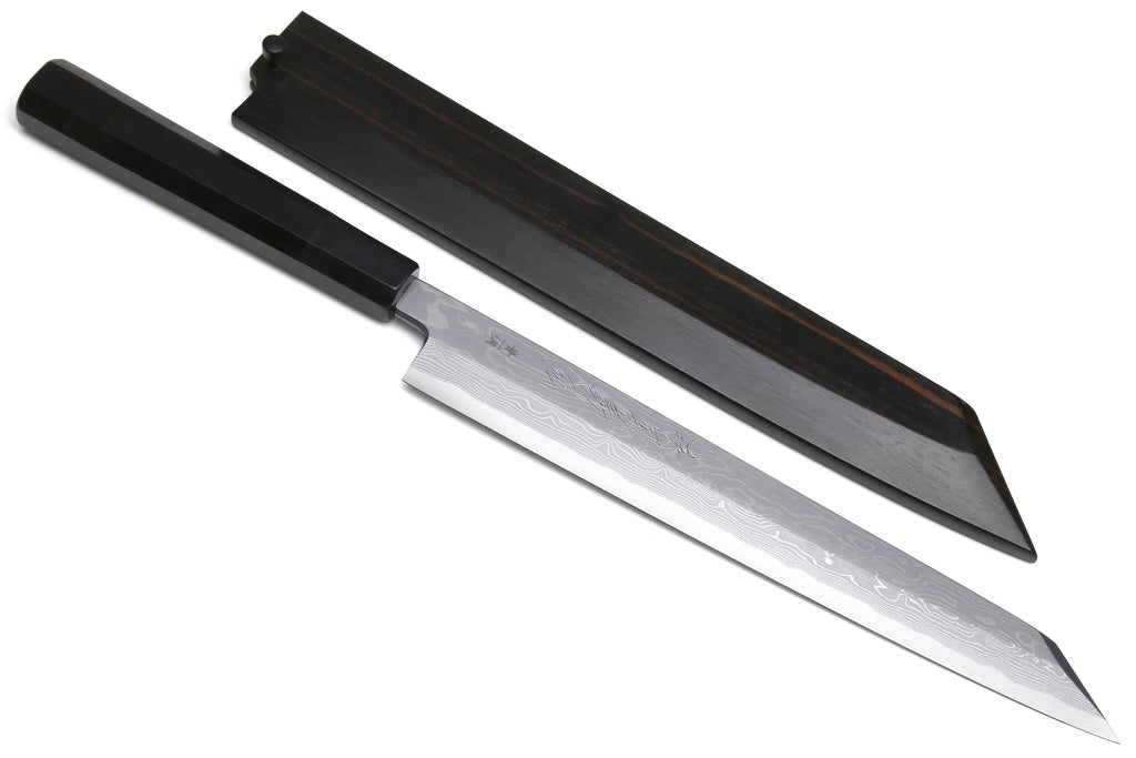 Japanese yanagi sushi knife with ebony handle and black sheath, pointed damascus blade