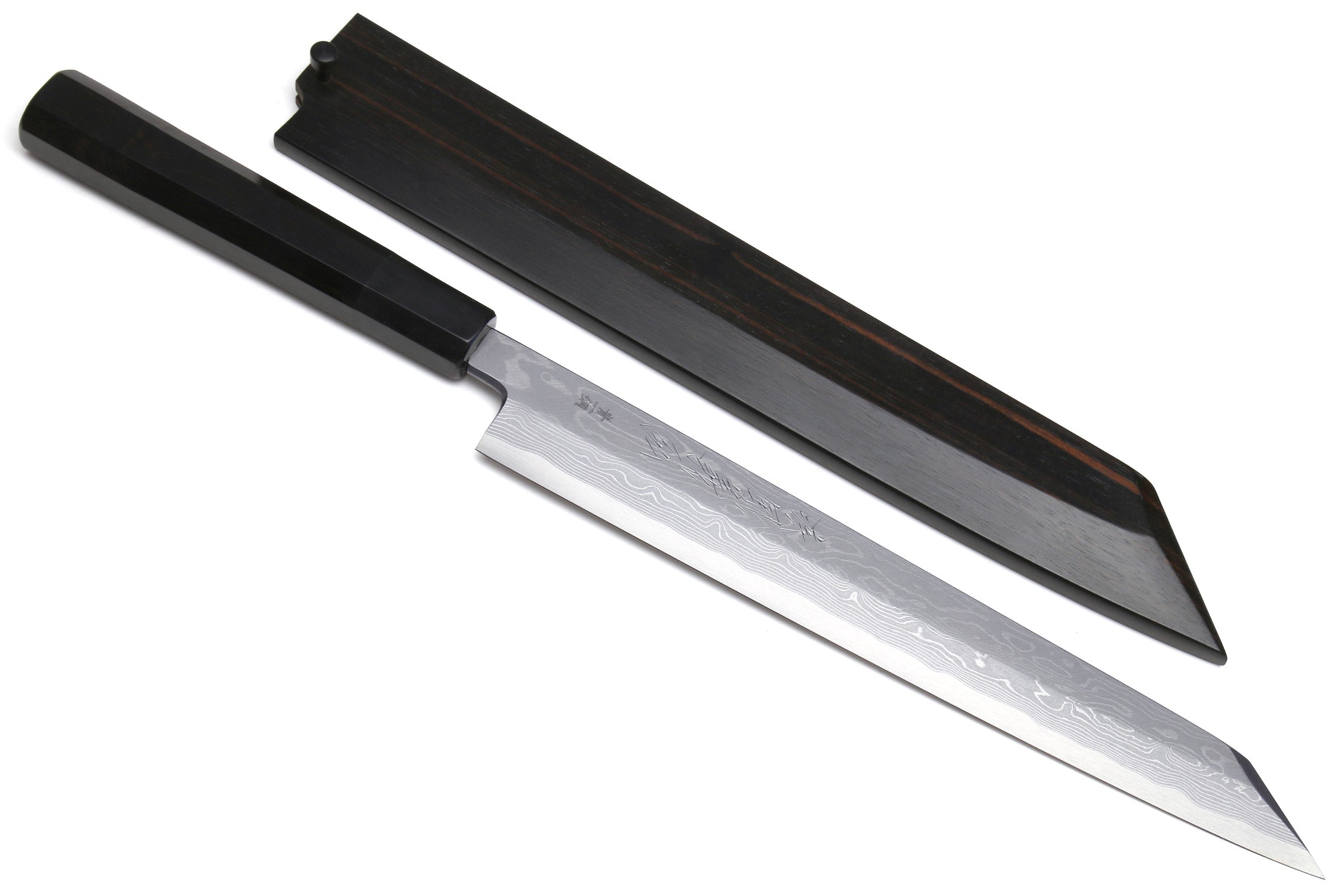 Japanese yanagi sushi knife with ebony handle and black sheath, pointed damascus blade
