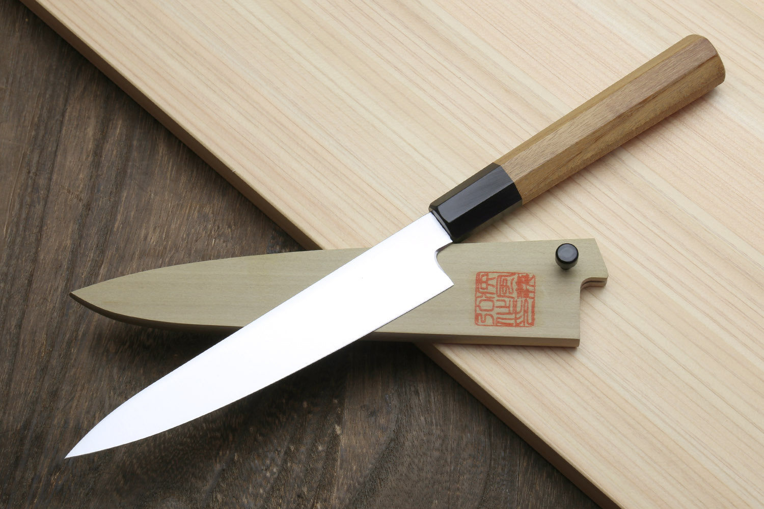 Petty utility knife with stainless blade, wood handle, and saya cover with red stamp