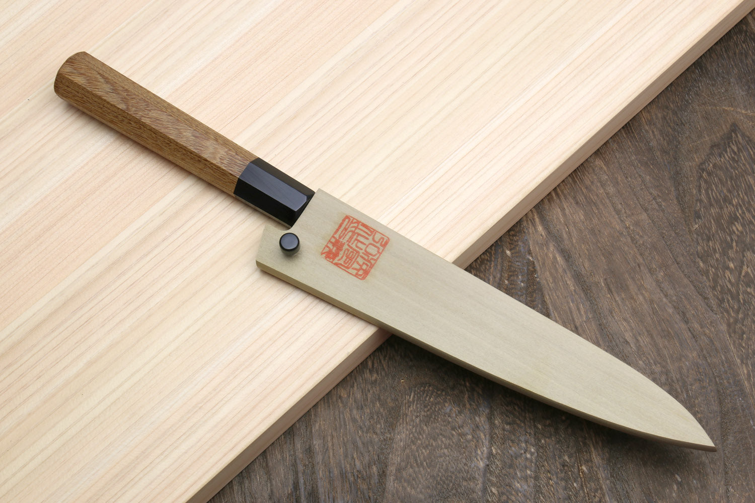 Petty utility knife with stainless blade and wood handle, saya cover with red stamp
