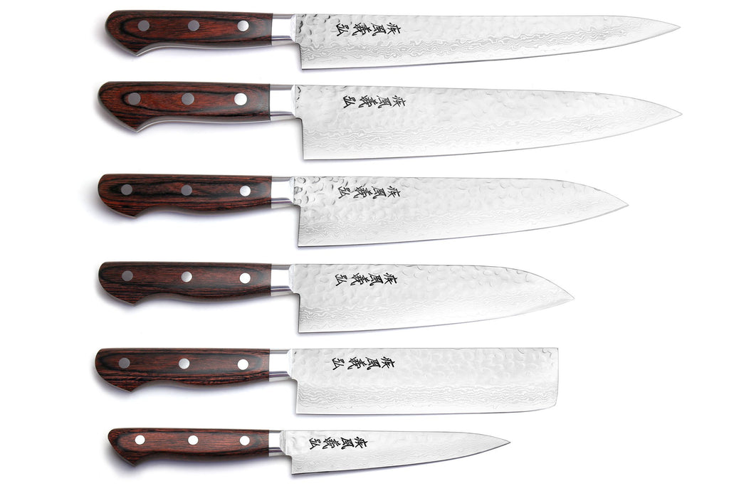 Set of six Damascus kitchen knives with dark wood handles