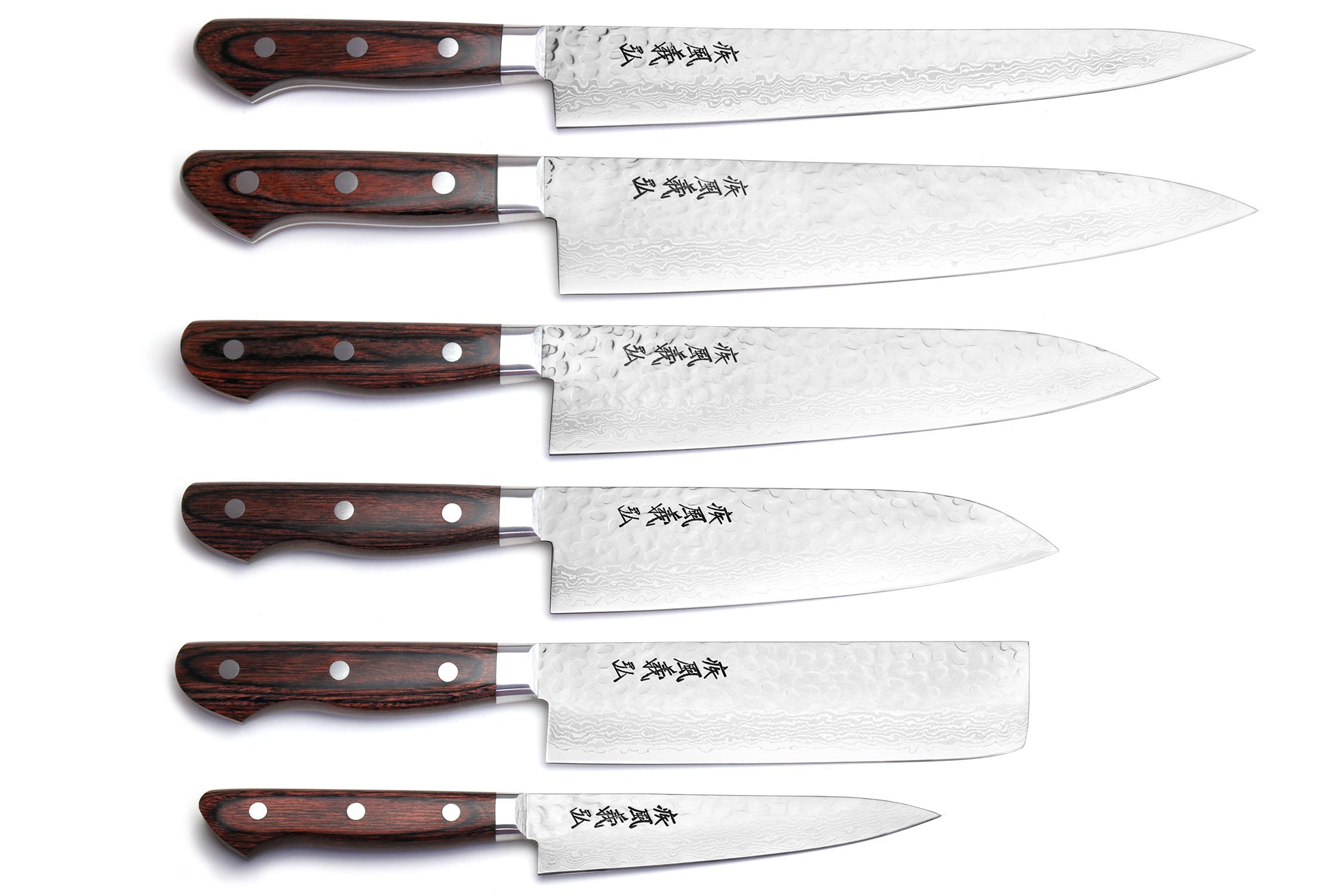 Set of six Damascus kitchen knives with dark wood handles