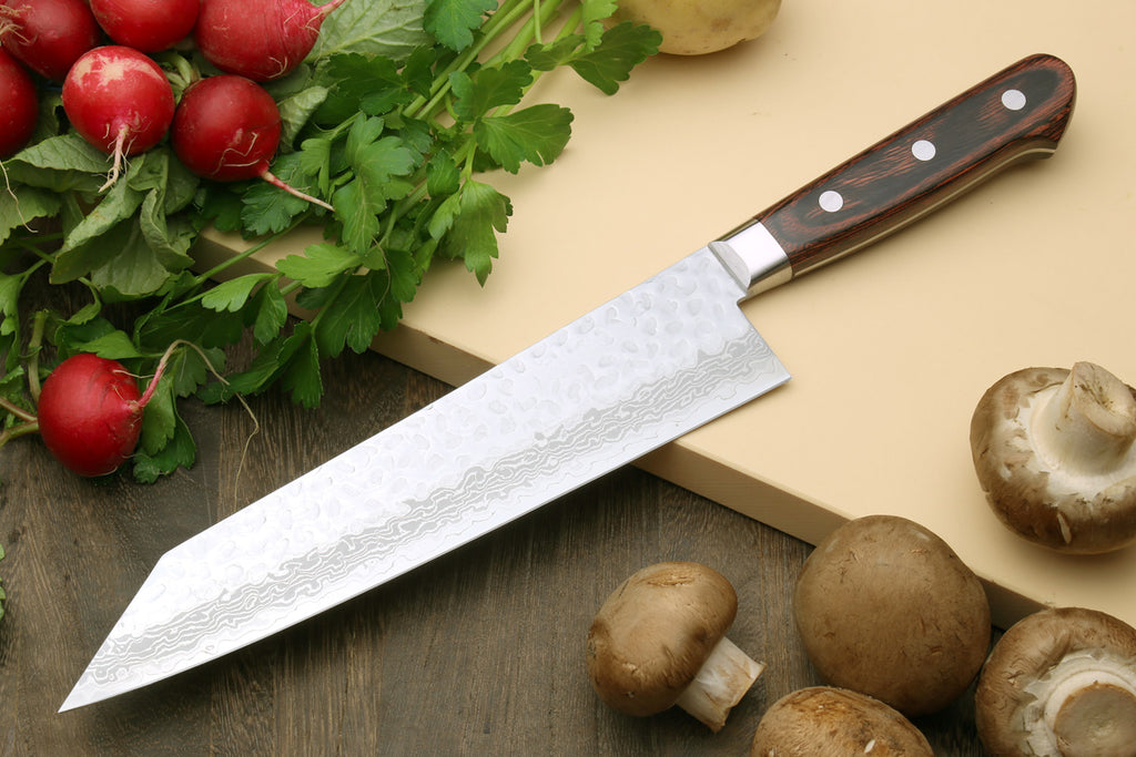 Kiritsuke multipurpose knife with textured Damascus blade and dark wooden handle