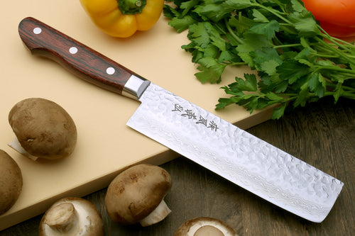 Nakiri vegetable knife with hammered Damascus-style stainless blade and dark wood handle