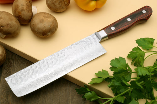 Nakiri vegetable knife with long hammered Damascus-style stainless blade and dark wood handle