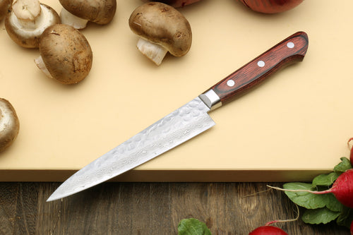 Petty knife with hammered damascus blade, dark red-brown wood handle