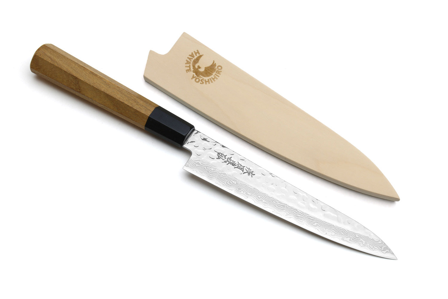 Petty utility chef knife with Damascus-pattern blade and ambrosia wood handle