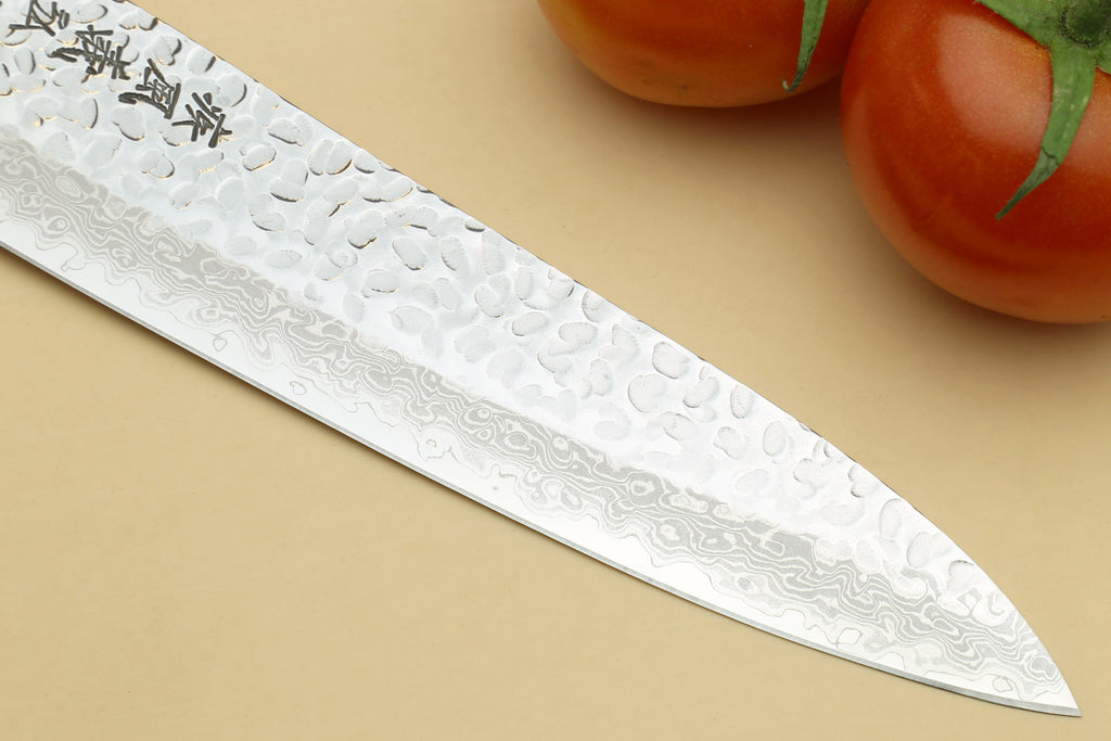 Damascus gyuto chef knife with ambrosia wooden handle and black bolster
