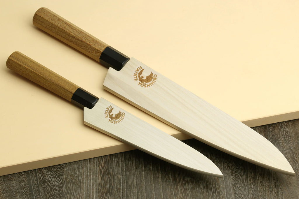 Knife set with two Damascus blades and ambrosia wooden handles with black bolster