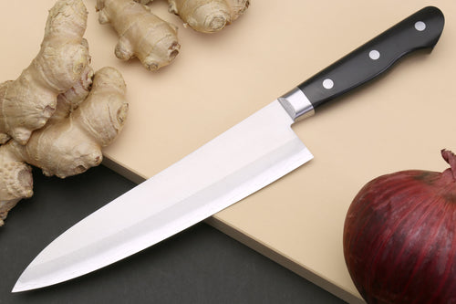 210mm gyuto chef knife side view with white blade and black riveted handle.