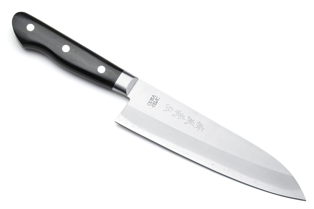 Santoku chef knife with dark handle, silver bolster, and stainless silver blade